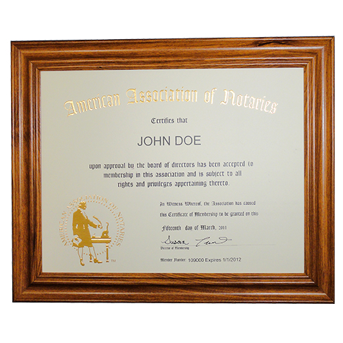 This Illinois notary deluxe membership certificate frame allows you to show off your notary membership in one of the most prestigious notary associations in the U.S. The frame includes a gold embossed 8.5 x 11 inches certificate with AAN logo, your name, membership number, membership expiration date, and the signature of our membership director. This item may only be purchased by active members of the American Association of Notaries. </p></p></p></p></p>