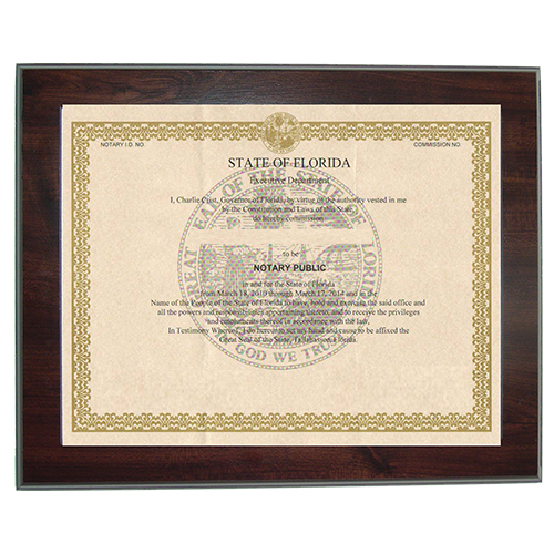 Guard your Illinois notary commission certificate from loss or damage with this 8-1/2 x 11 inches elegant cherry wood finish frame that makes an attractive addition to any office. Simply slide your Illinois notary certificate in from the side. No need for nails or screws. Designed to fit 8-1/2 x 11 inch certificates. We can also custom make a frame to fit any state's notary certificates.