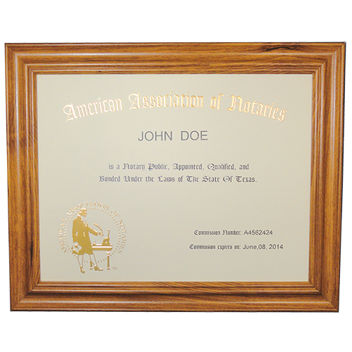 This Illinois notary commission frame is made of solid hardwood. Available in cherry, black, and walnut wood. The notary frame includes a gold embossed notary certificate, personalized with your notary name and your Illinois notary commission information. Proudly display your status as a commissioned Illinois notary public with our deluxe notary certificate frame. This certificate frame can be purchased by both non-members and members of the AAN.