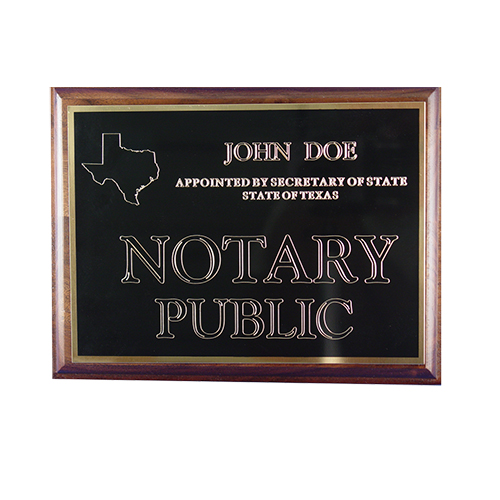 This Illinois notary deluxe wall sign is mounted on an attractive walnut plaque and engraved on a metal plate with gold lettering with your name, your state, and the wording 'Notary Public'. This sign makes a fine addition to any office.